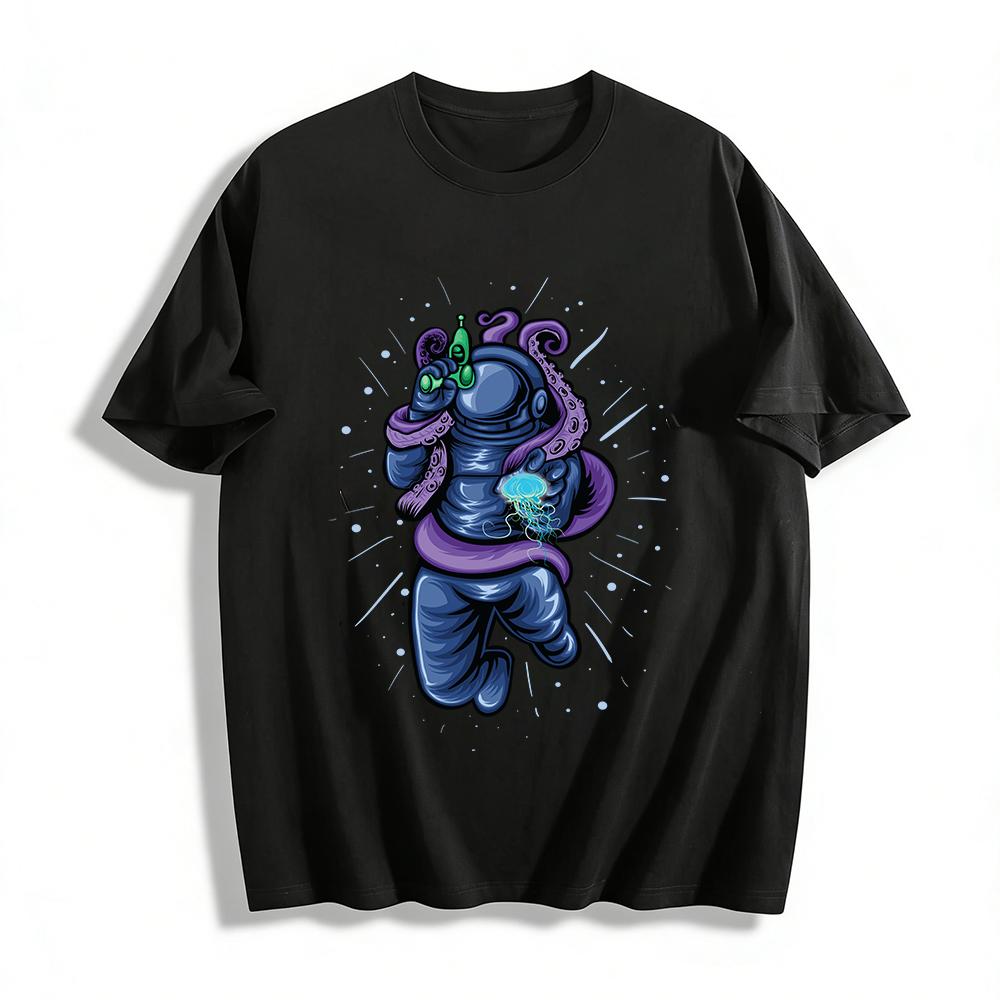 Octopus Astronaut Holding Jellyfish Graphic Print Short Sleeve T-shirt Pure cotton T-shirt XXS