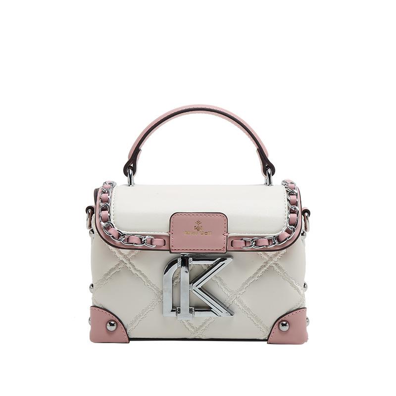 Leather Contrasting Hand-held Box Bag, New Crossbody Makeup Bag
