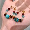 Chinese Retro Turquoise & Tiger Eye Beaded Hoop Earrings with Pearls