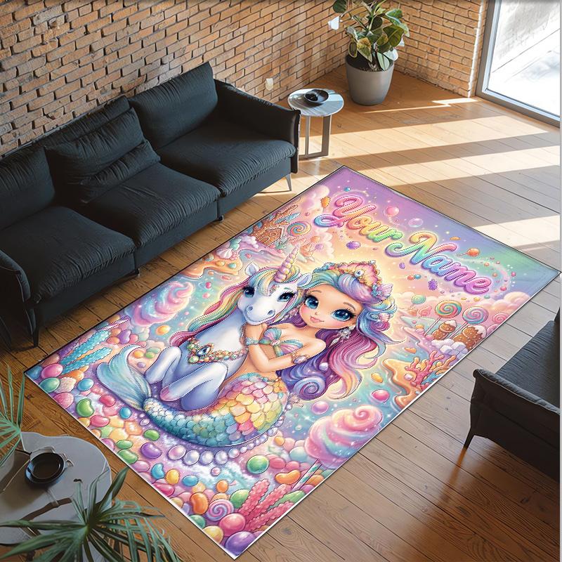 Alfombra de Suelo de Terciopelo de Cristal con Temática de Unicornio, Alfombra Cálida Personalizada con Nombre y Texto, Decoración del Hogar