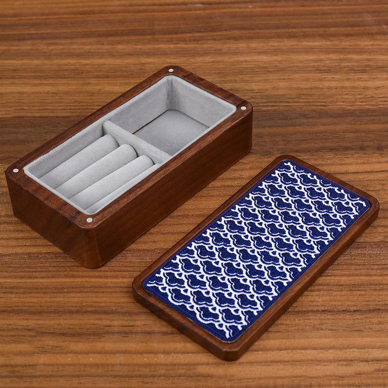 HeMu Magnetic Closure Embroidered Wooden Jewelry Box, Portable Mini Organizer for Rings, Earrings, Necklaces and Bracelets