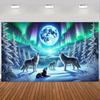 2D Full Moon Wolves Tapestry Northern Lights Photography Background