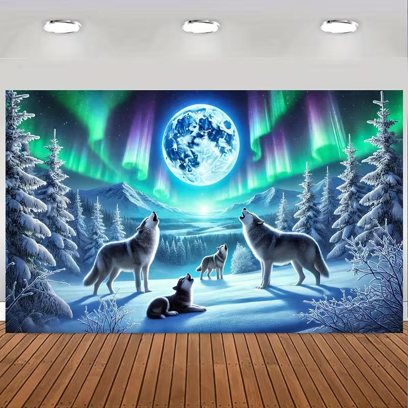 2D Full Moon Wolves Tapestry Northern Lights Photography Background