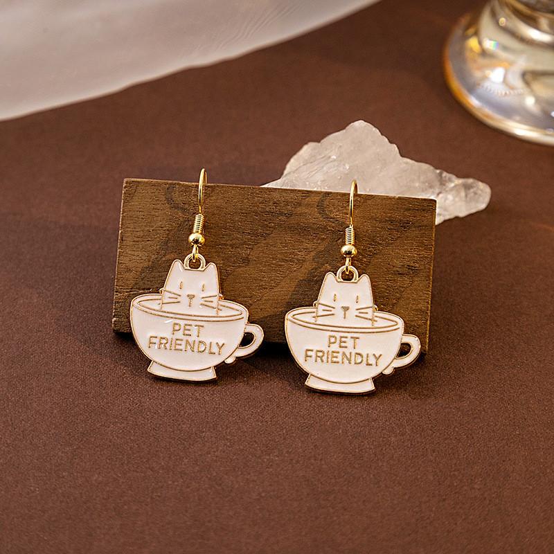 Cute Interest Cup Book Kitty Pendant Earrings Fashion Cartoon Enamel Cat Dangle Ear Jewelry Party Gifts For Women Girls