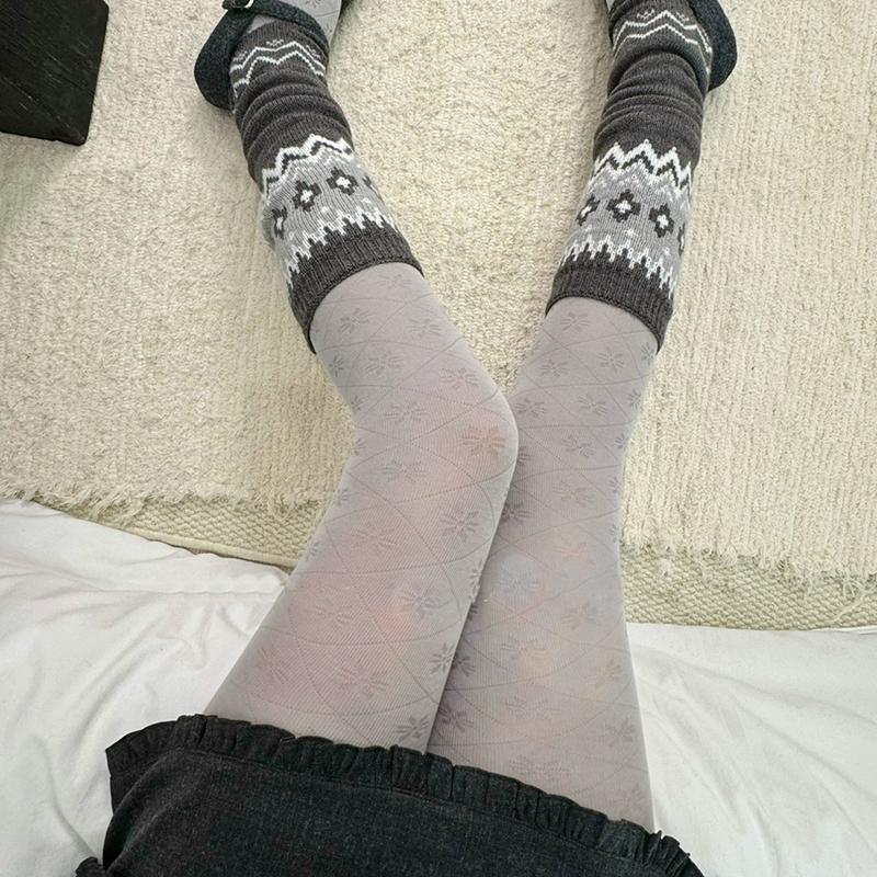 Fair Isle Retro Snowflake Tights Women Vintage Autumn Semi-Transparent Christmas Pantyhose Korean-Style Versatile Sheer Stocking