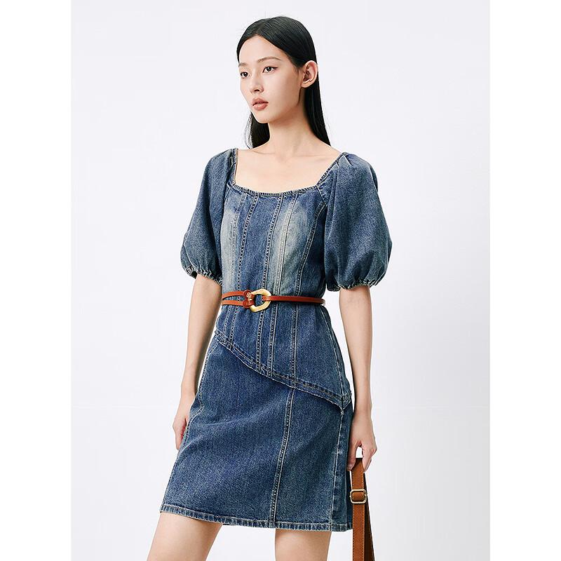 Peacebird Women's Square Neck Washed Denim Mini Dress