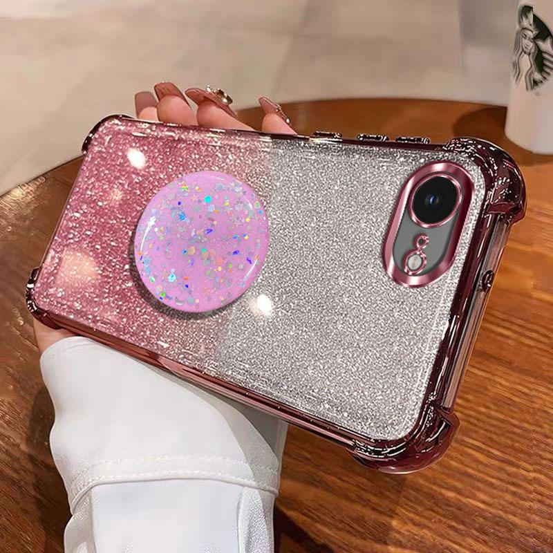 

Роскошный противоударный блестящий держатель для iPhone 16 e pro max iPhone16e силиконовый чехол-кольцо для iPhone 16e с подставкой-держателем TPU&Case & Holder&iPhone 16 розовый