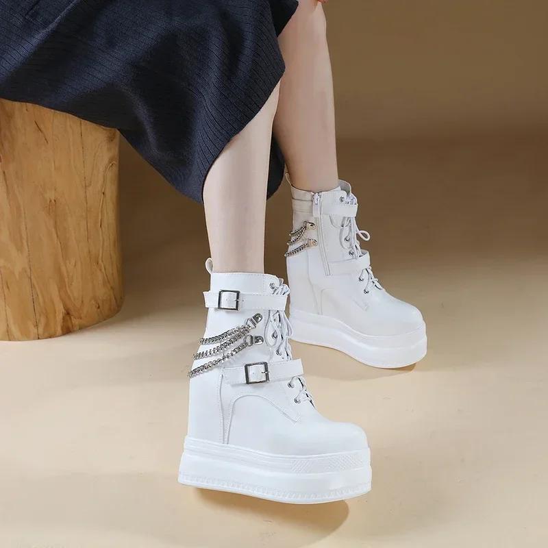 Mode 14CM Klobiger Absatz Damen Stiefeletten Leder Runde Zehenpartie Plateau Ritterstiefel Schuhe Hohe Absätze Schwarz Weiß Dicker Absatz Schnürung