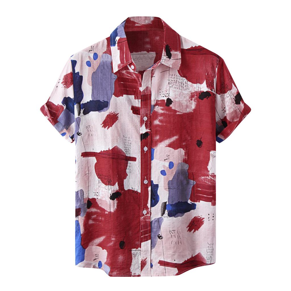 Men's Casual Loose Hawaiian Beach Short Sleeve Top Summer Printed Vacation Short Sleeve Shirt