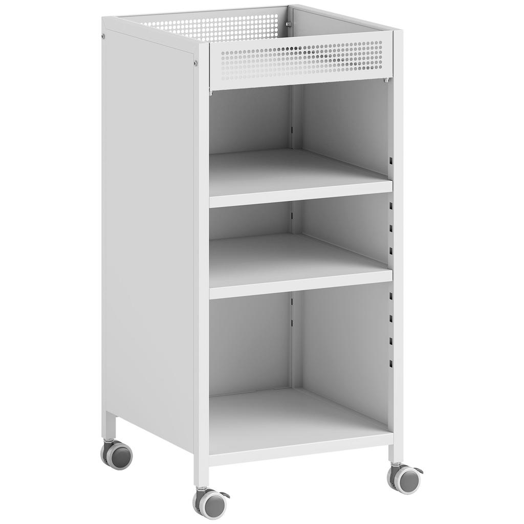 Mobile Bookshelf with Adjustable Shelves, 3-Tier Rolling Cart with Top Basket, White
