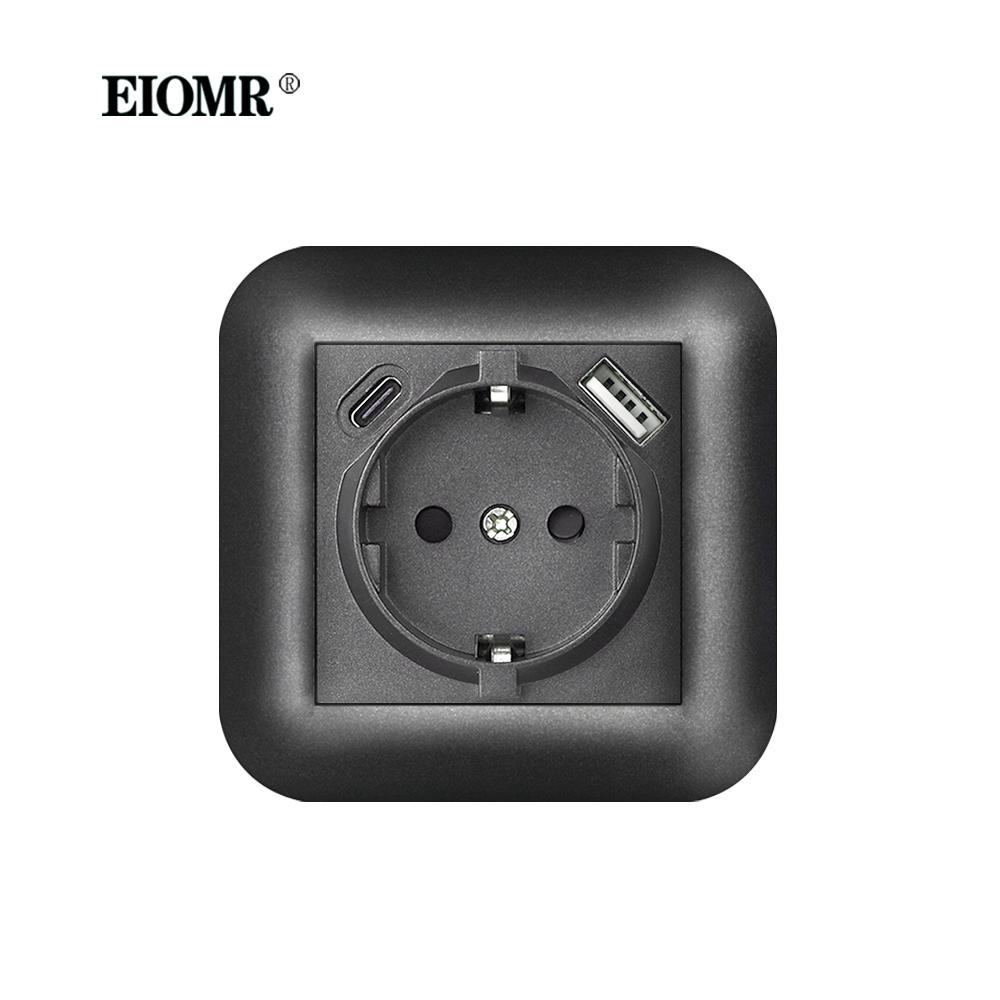 EIOMR EU Standard Power Socket with Iron Claw Black Flame Retardant PC Panel 110-250V Wall Socket 16A Suitable for Round Box