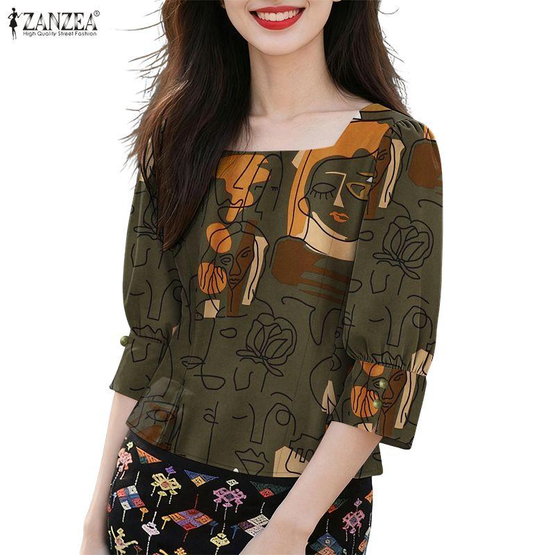 ZANZEA Women Square Collar Casual 3/4 Sleeve Loose Print Blouse
