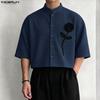 Chemise Homme Oversize à Col Montant Manches Courtes Boutonnée Fleur 3D Crop Tops