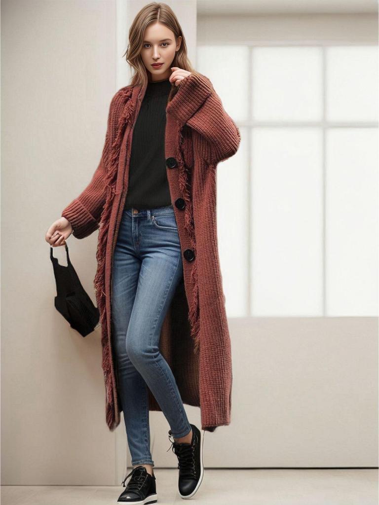 Europäischer & Amerikanischer Stil Quaste Einfarbig Damen Langer Cardigan - Herbst/Winter Langärmlige Strickware