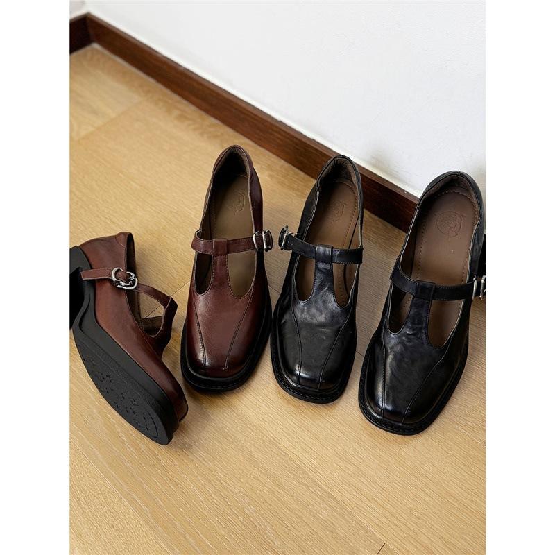 First Layer Leather British Retro T-strap Mary Jane Shoes Women's Thick Heel High Heel Small Leather Shoes Single Shoes