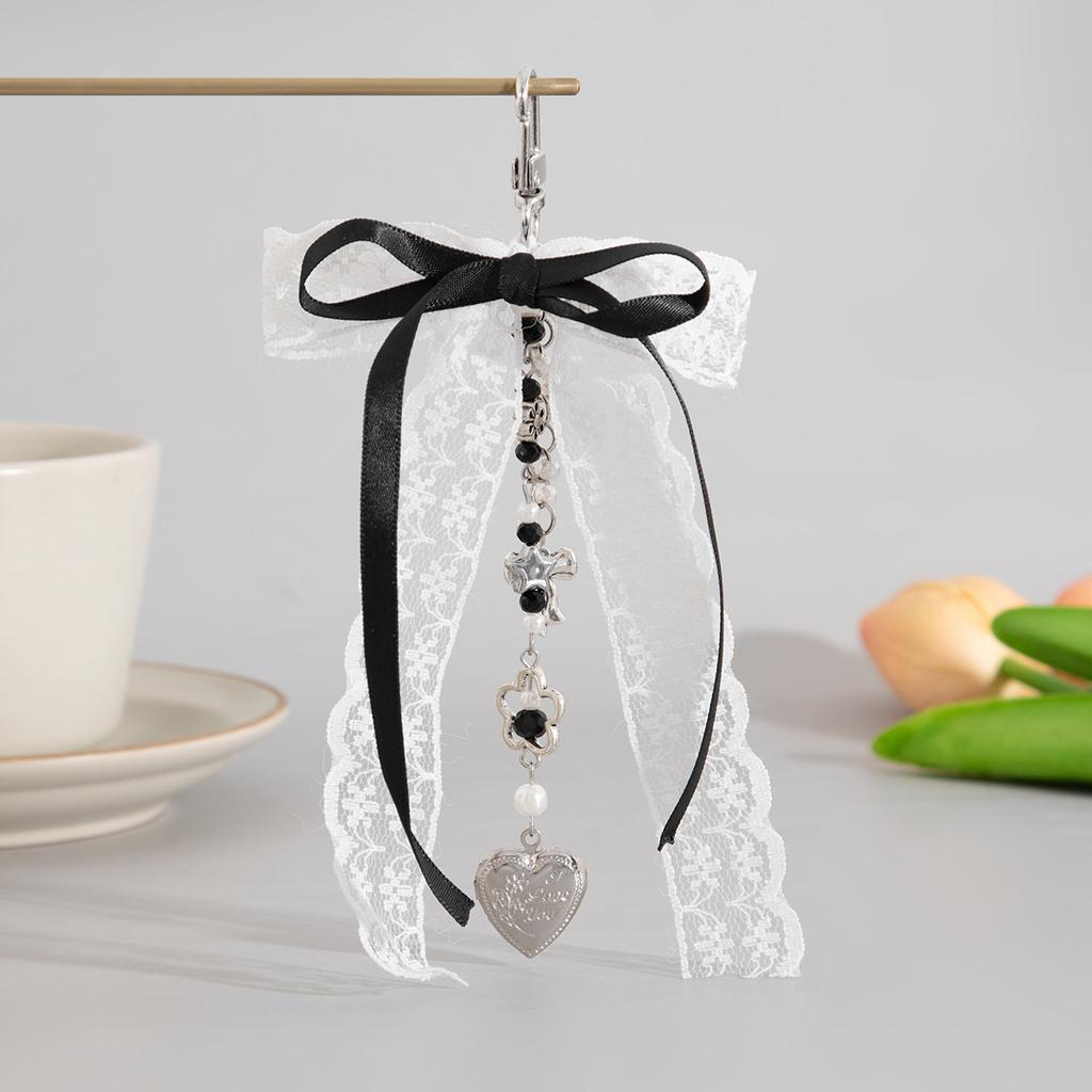 Goth Y2K Lace Bow Key Chain Heart Charm Pendant Kawaii Leopard Key Chain for Bag Accessory Women Trendy Tassel Chain Jewelry