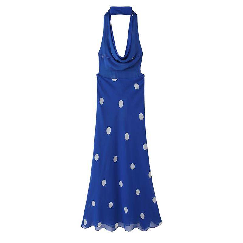 Blue Polka Dot Print Backless Long Dress For Women 2026 Sexy V Neck Bandage Hollow Out Maxi Dresses Beach Party Elegant Evening Dress