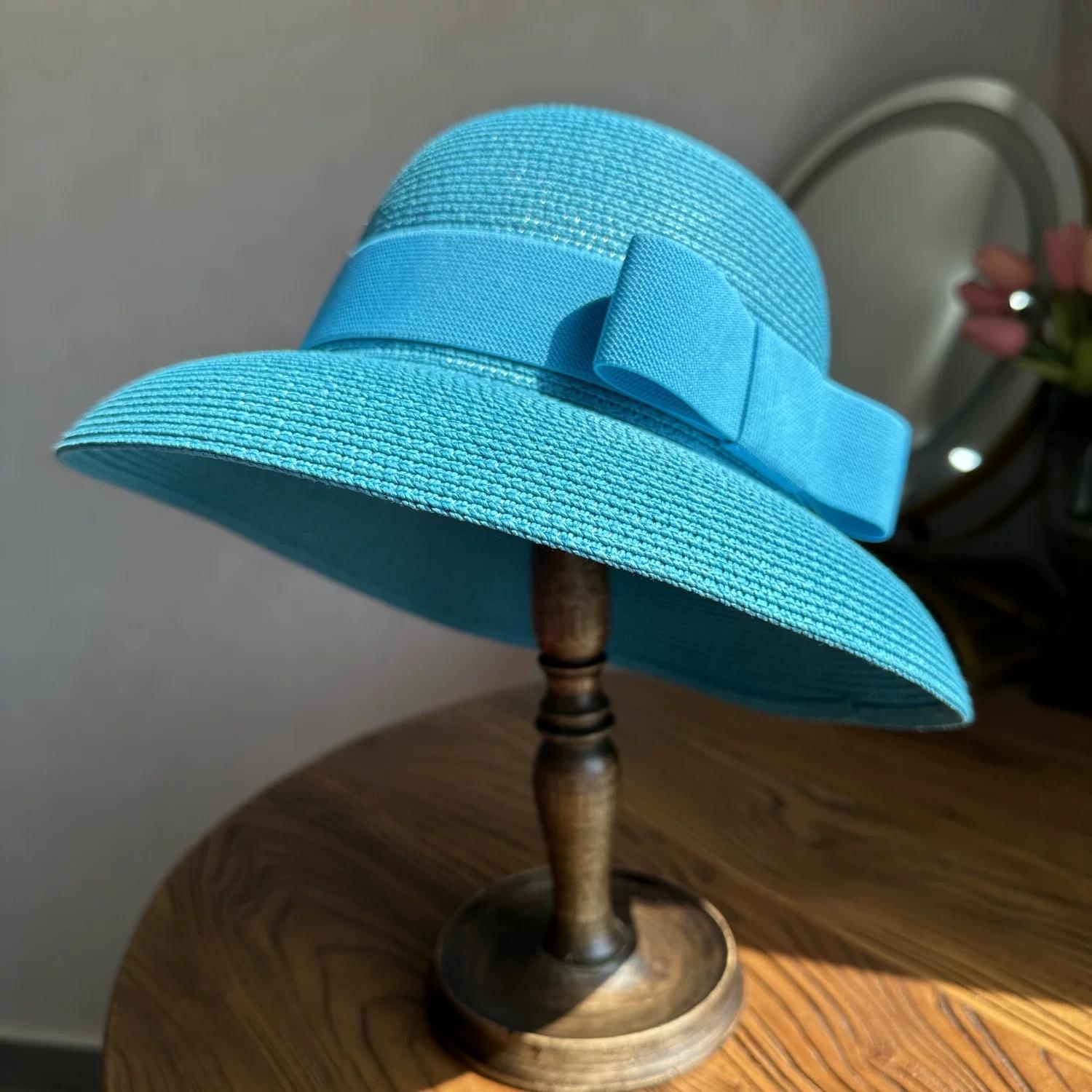 Sommerhut Kleiner Rand Hepburn Hut Vintage Design Schirm Strohhut Damen Mädchen Einfarbige Strandurlaub Große Sonne Gorras 55-58CM blue