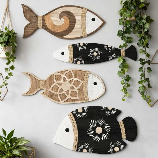 4Pcs/Set Nautical Wooden Fish Wall Decoration Farmhouse Rustic Fish Wall Art Sculpture Home Living Room Bathroom Wall Decorative Sign