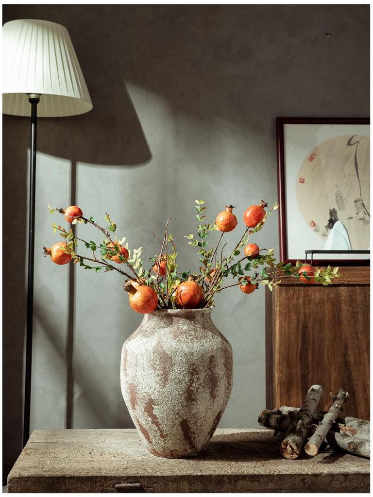 Wabi-Sabi Style Unglazed Terracotta Vase with Floral Design for Retro Living Room or Dining Table Decor
