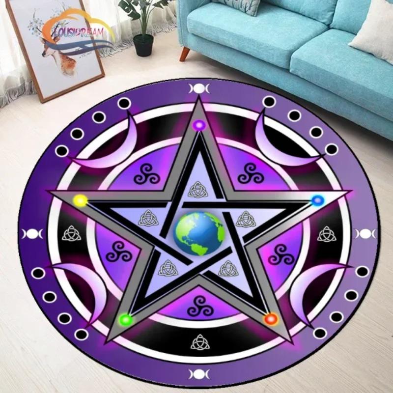 Round Magic Circle Carpet with Pentagram and Runes Black White Design Living Room Bedroom Decorative Rug Home Decoration