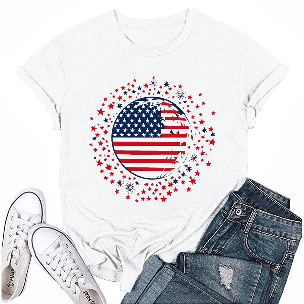Women's Round Neck Casual Independence Day Printed Short Sleeve T-Shirt Top