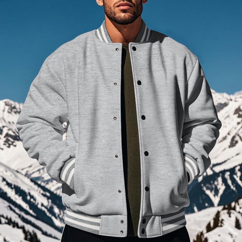 Men's American Style Stand Collar Baseball Jacket & Long Pants Set, Fleece Lined Loose Casual Sports Outfit for Autumn Winter
