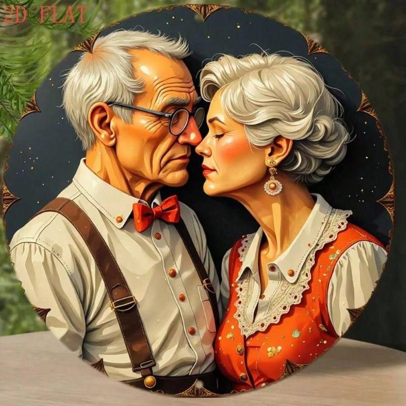 Metal Wall Art Vintage Elderly Couple Round Sign for Home Cafe