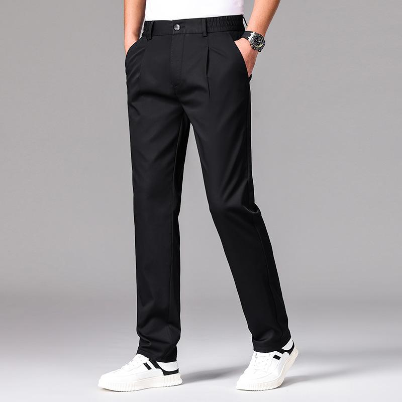 

Деловые повседневные брюки с драпировкой из ледяного шелка, эластичный пояс, высокая талия, небольшие прямые брюки для мужчин 28 чёрный