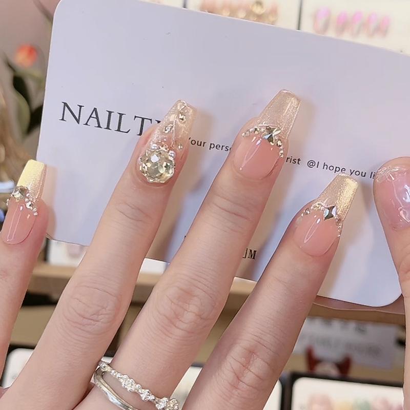 Flashy French Cat Eye Nail Stickers - Wearable Tips with Crushed Diamond Look, Rich Girl Vibe, Finished False Nails