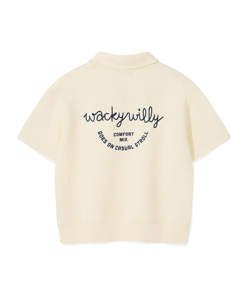 WACKY WILLY Women'S Typo Logo Half-Zip Short Sleeve Cream