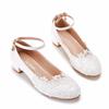 Large Size 3 Cm Square Heel Round Toe Single Shoes One-line Wristband Single Shoes Spring and Autumn Lace Wedding Shoes Women's White Shoes