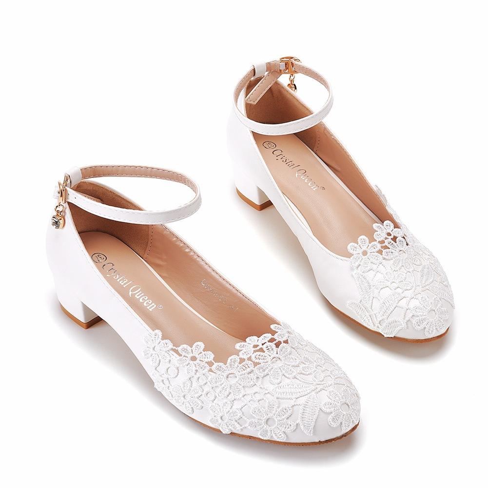 Large Size 3 Cm Square Heel Round Toe Single Shoes One-line Wristband Single Shoes Spring and Autumn Lace Wedding Shoes Women's White Shoes