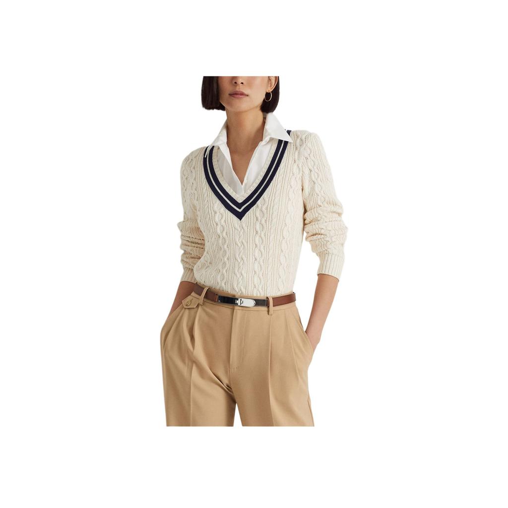 Polo Ralph Lauren SS23 Jersey de punto de cable con bloques de color y cuello en V para mujer, jersey color hueso 200902626-001