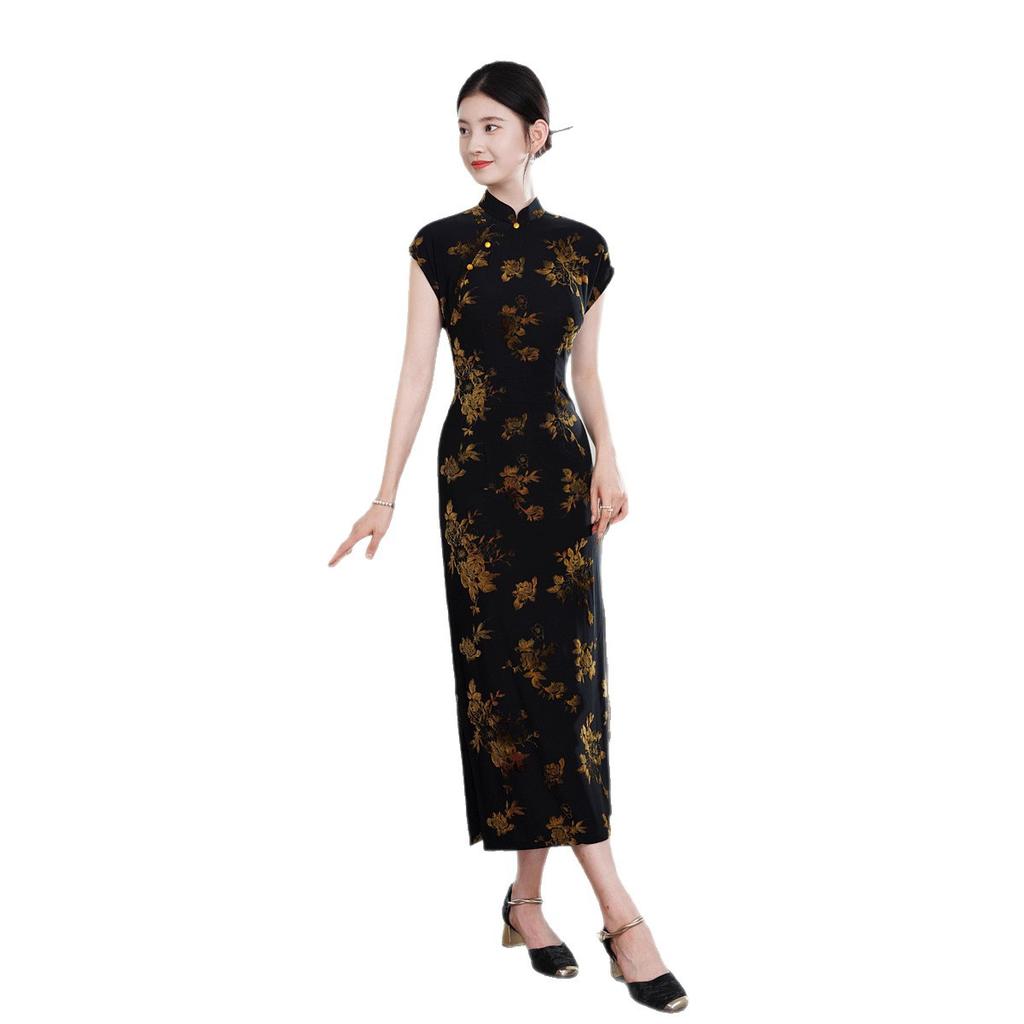Black summer new Chinese cheongsam long daily young retro improved national style dress single-layer elastic