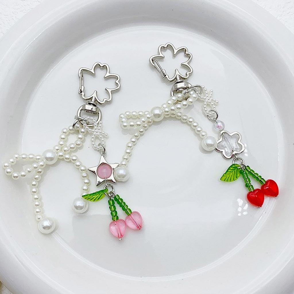 Handmade Pearl Bowknot Keychain with Cherry Keyring Ornament Bag Pendant Fashionable Accessory for Fashion Lovers