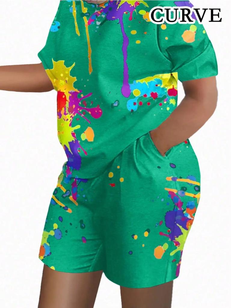 Summer Colorful Print Women Two-piece Sets Casual Short Sleeve Round Neck T-Shirt & Shorts Loungewear Short Sleeve Shorts Two-piece