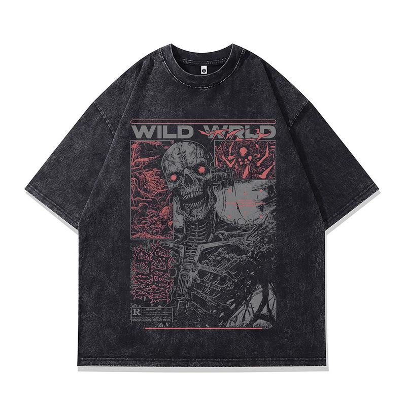 High Street Trendy Brand Vintage Skull Print Men'S T-Shirt Small Neckline Loose Wash Old Short Sleeves