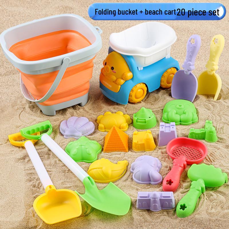 Cross-border Kid's Beach Toy Set: Folding Bucket, Shovel, Sand Tools & Sandglass Accessories