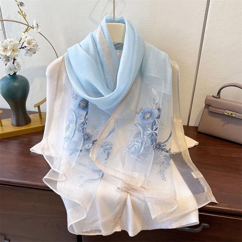 Elegant Long Embroidered Silk Feeling Scarf Women'S Fashion Spring New Style Shawl Wrap Outerwear Trendy Floral Pattern Stylish