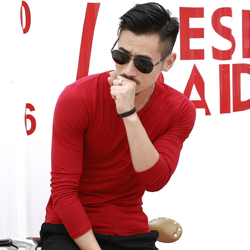 Men's Solid Color Long-Sleeve V-Neck T-Shirt - Casual Spring/Autumn Bottoming Shirt