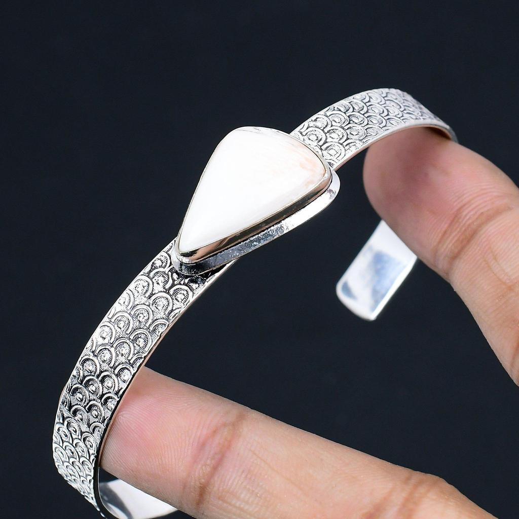 Wedding Gift For Her 925 Silver Natural Scolecite Gemstone Bangle Adjustable