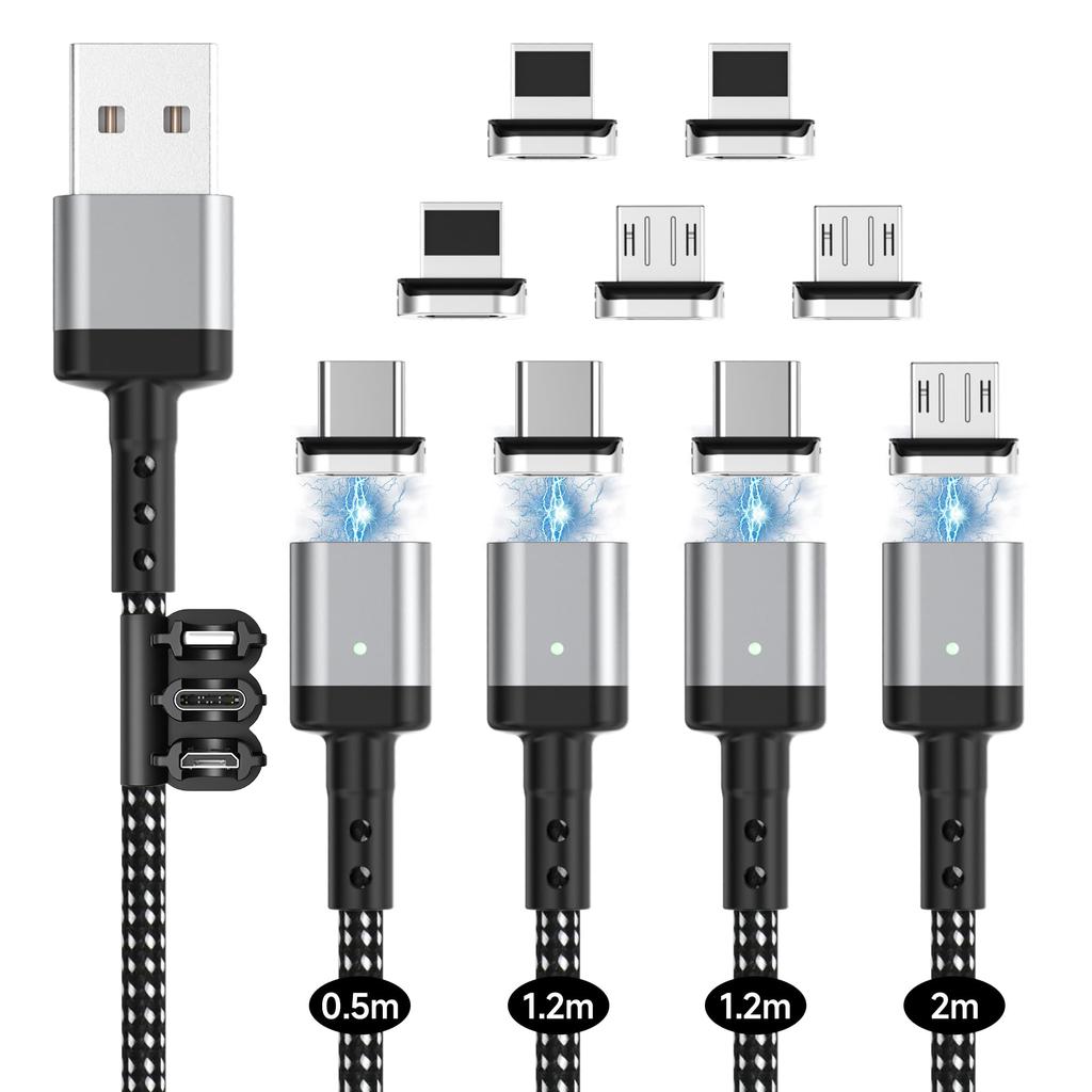 USB Magnetic Charging Magnetic 3A Fast Charging Data Transfer for Android Micro and USB Charging Black Cable, 2M+1.2M+1.2M+0.5M/9 Connectors, Cable,