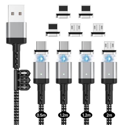 USB Magnetic Charging Magnetic 3A Fast Charging Data Transfer for Android Micro and USB Charging Black Cable, 2M+1.2M+1.2M+0.5M/9 Connectors, Cable,