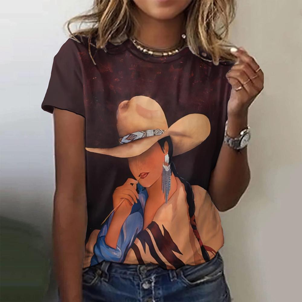Retro Western Women's Short Sleeved T-shirt Top Loose Cowboy 3D Printed T-shirt