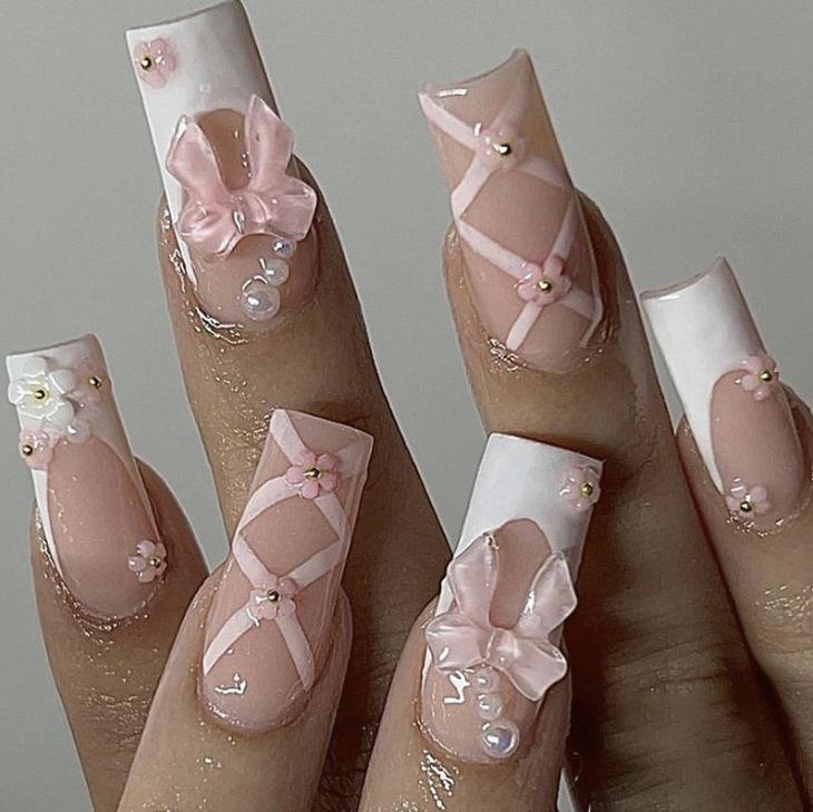 Sweet And Cute Manicure Piece White French Bow Line Flower Pearl Wearing Armor *2pcs