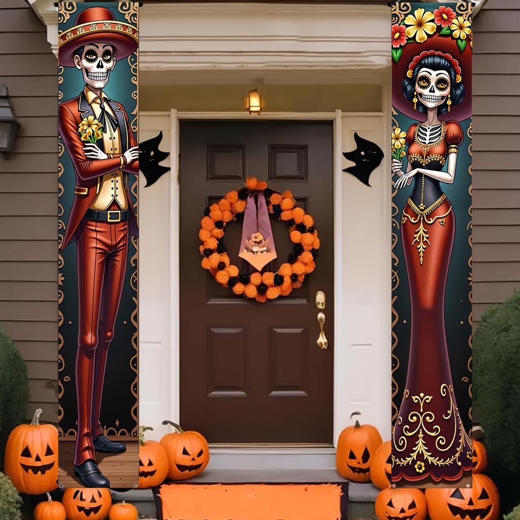 Party Banners, a Pair, Day of The Dead Decorative Banners, Halloween Porch Hanging Flags, Themed Decorations for a Mexican Day of The Dead Party, Perf