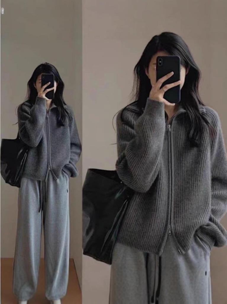 Women's Pure Wool Knit Cardigan: Autumn/Winter 2025, Thickened Lapel, Zipper, Lazy Style Sweater.