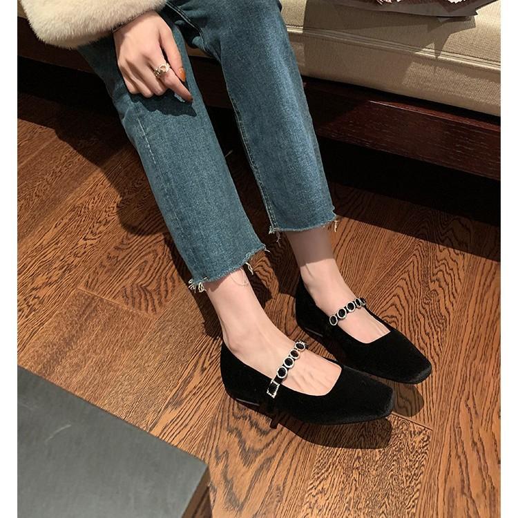 Sheepskin version~ Leather rhinestone velvet Mary Jane shoes women's head buckle strap single shoes ladyshoes