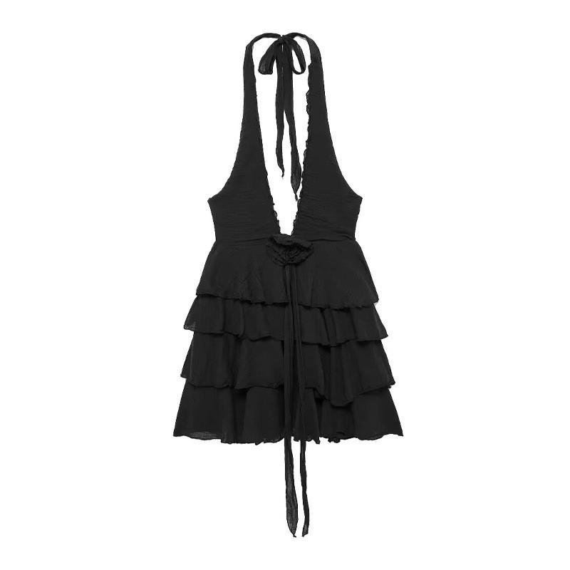 

European American Women s Clothing Summer Sexy Backless Cotton Hanging Neck Short Dress L чорний